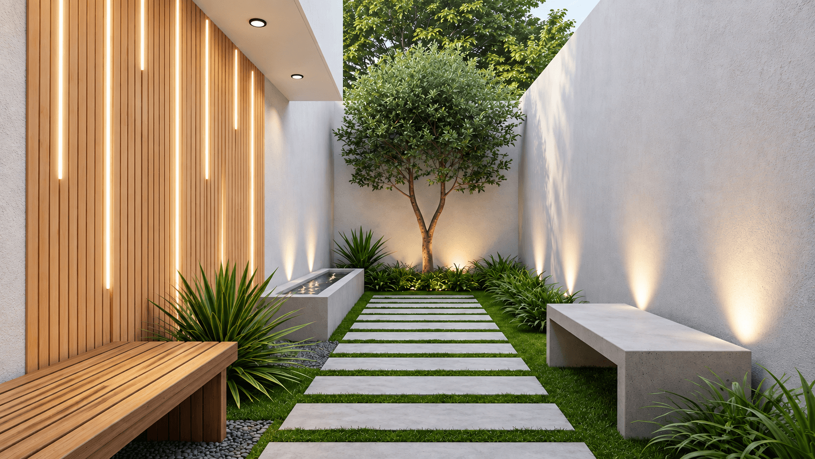 Patio exterior con revestimiento alistonado e iluminación