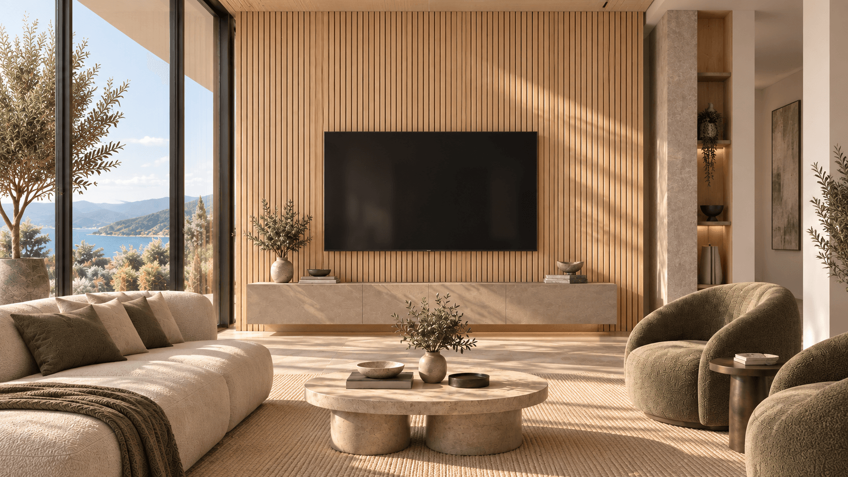 Living amplio con pared revestida en listones de madera